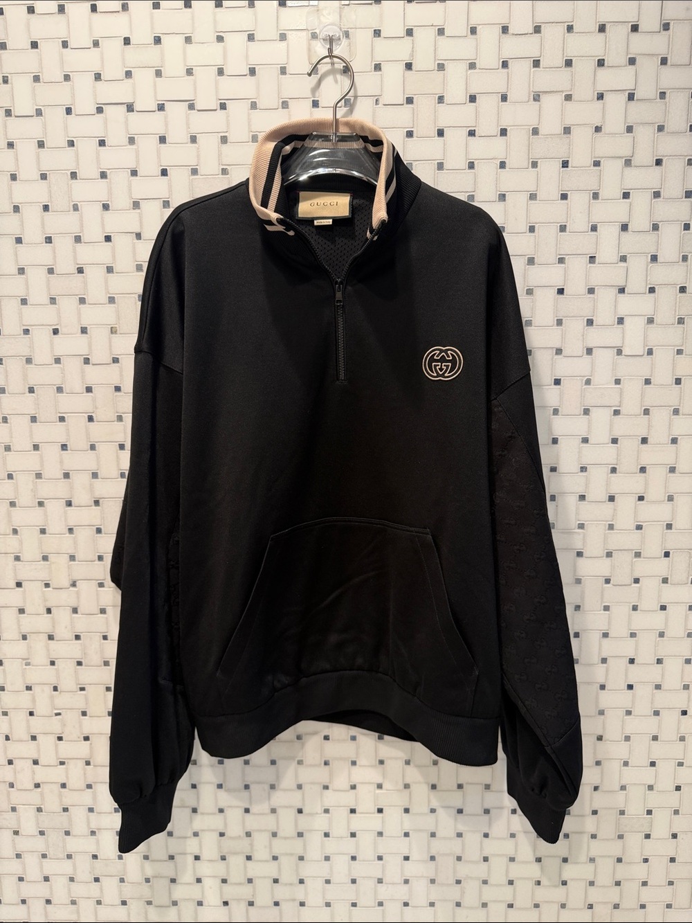 Gucci Black Half-Zip Sweatshirt with Beige-Trim Collar